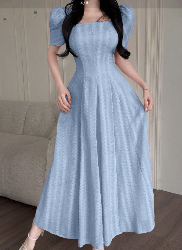 Women's French-Inspired Summer Square Neck Short Sleeve Dress with Flared Skirt and Solid Color Design
