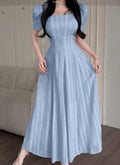 Women's French-Inspired Summer Square Neck Short Sleeve Dress with Flared Skirt and Solid Color Design