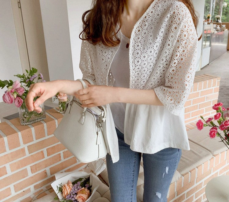 Summer Embroidered Hollow-Out Cotton Cardigan Shirt – Lightweight Long Sleeve Casual Cover-Up Top for Women