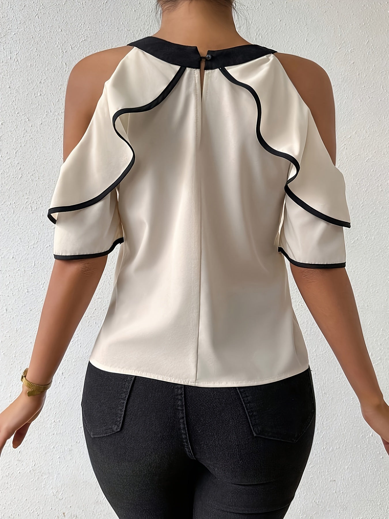 Women's Ruffled Short Sleeve Bow Tie Collar Pullover Blouse Casual Elegant Fashion Top