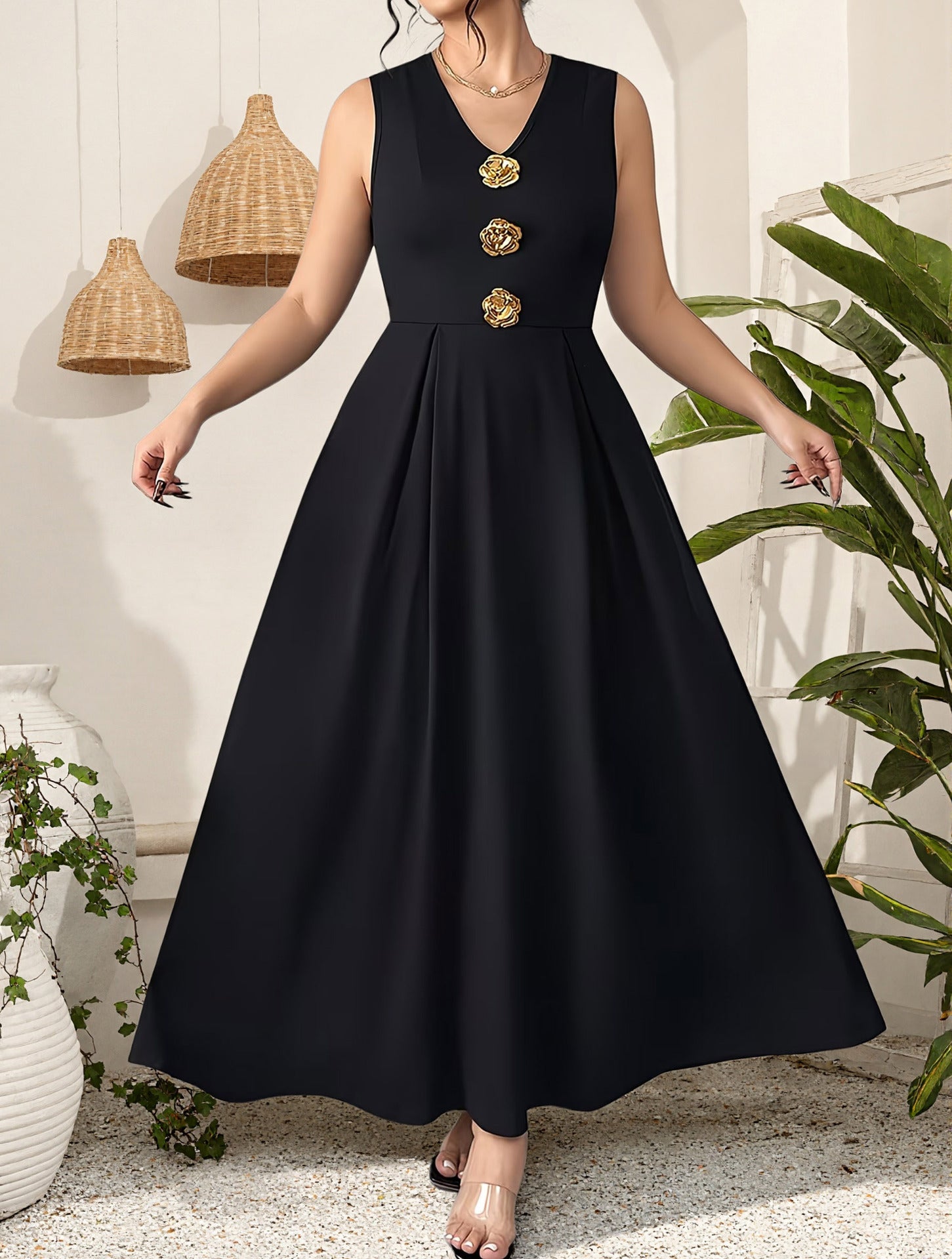 Women's Plus Size Sleeveless V-Neck Waist-Defined Elegant Midi Dress, Fashion Casual Comfort Fit