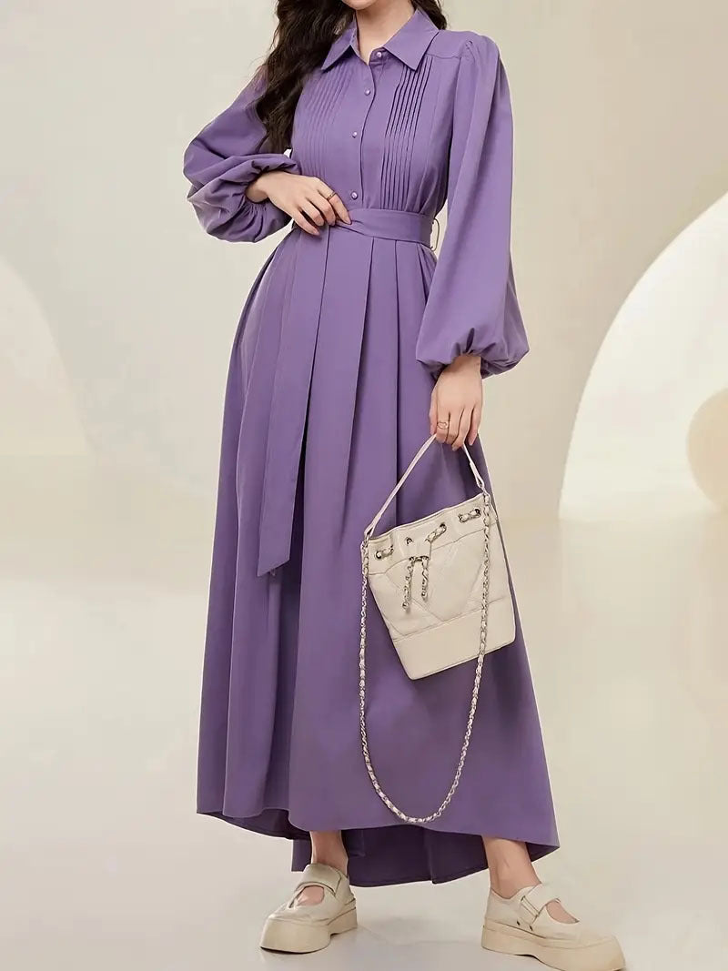 Women's Solid Color Pleated Long Sleeve Lace-Up Waist Dress with Flattering Fit