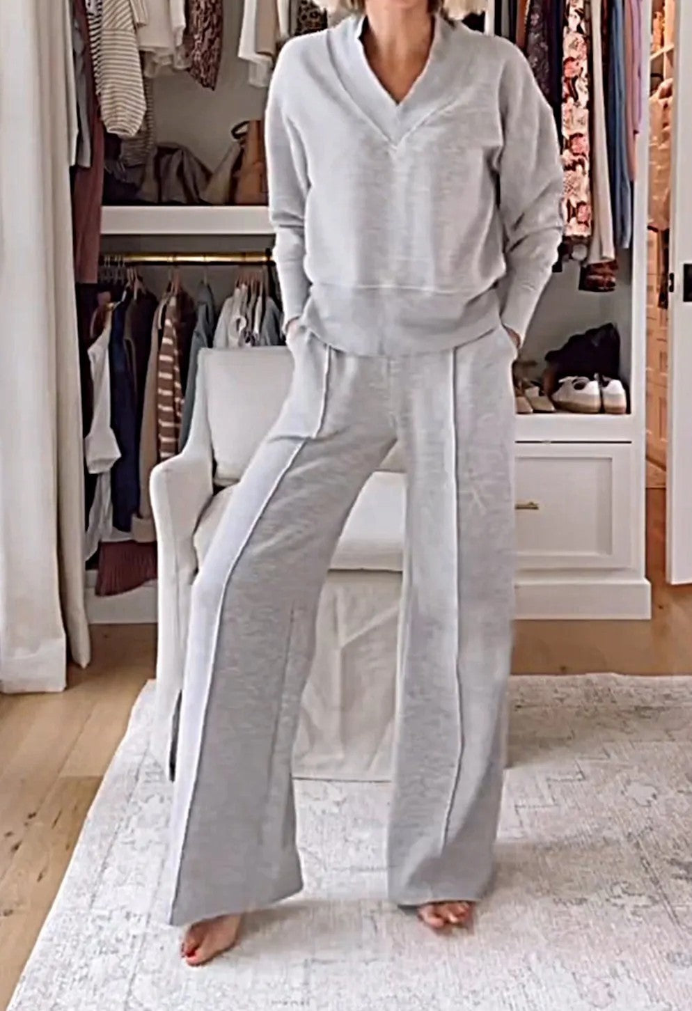 New Casual V-Neck Long Sleeve Loose Top & Wide-Leg Pants Two-Piece Lounge Set