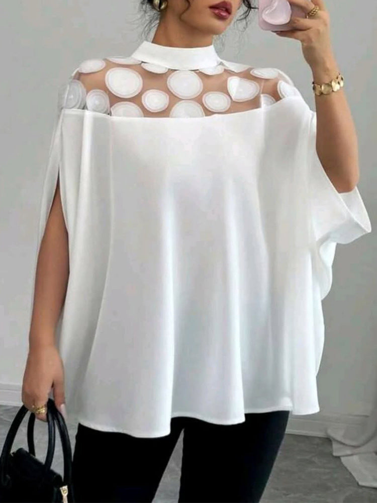 Summer Solid Color Mesh Shoulder Bat Sleeve Elegant Women's Casual Top