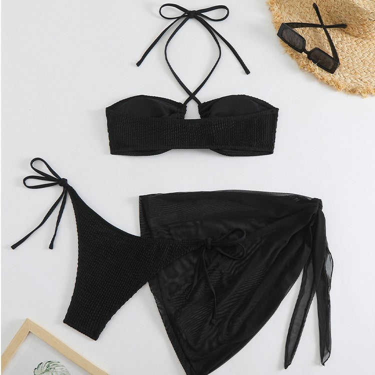 New Drawstring Tie Halter Neck Bikini with Tulle Skirt - 3-Piece Women's Swimsuit