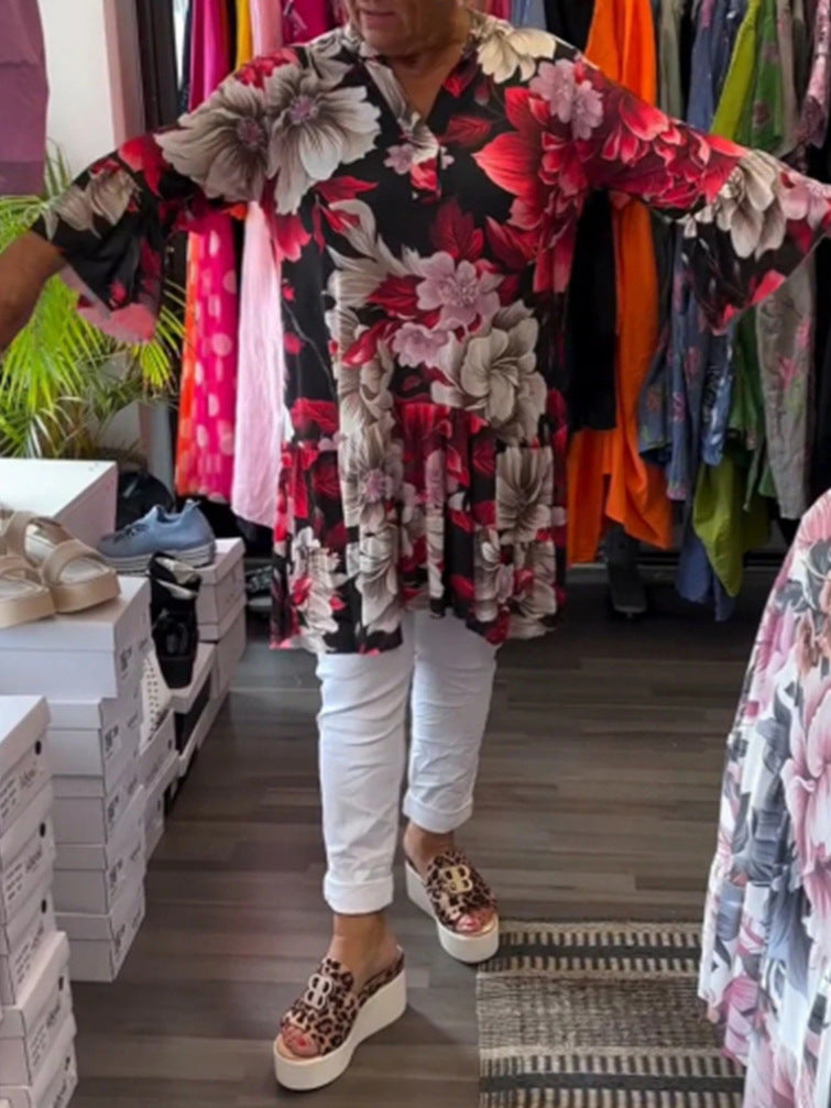 Women's Summer Printed Stand Collar Long Sleeve Loose Casual Dress