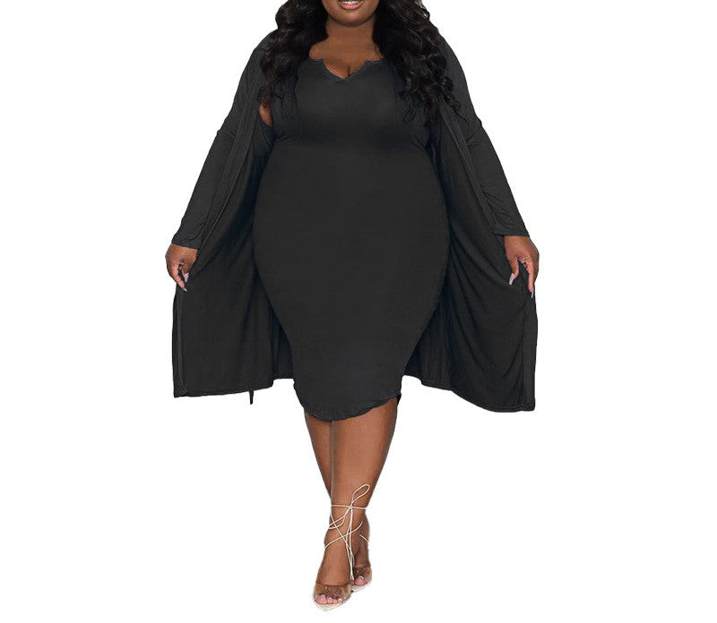 Women’s Plus Size Two-Piece Set – Long-Sleeved Shrug & Tube Top Bodycon Dress – Casual & Stylish Outfit