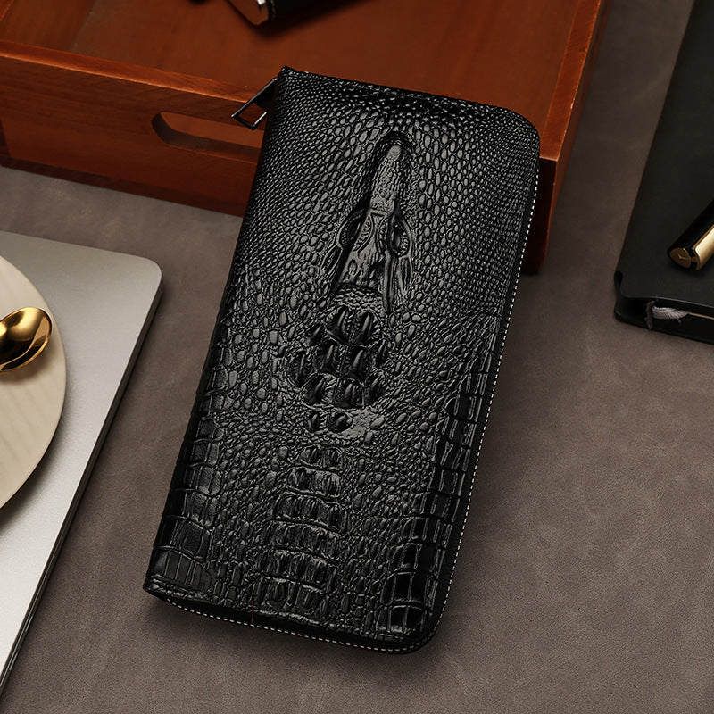 Men’s Long Wallet Retro Crocodile Pattern Clutch Bag – Single Zipper Fashion Wallet
