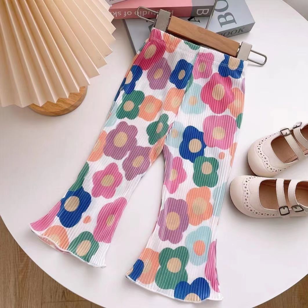 Girls’ Summer Wave Dot Floral Ice Silk Flared Pants - RAC26JP5429BATB