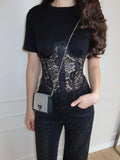 Summer Women's Solid Color Lace Patchwork Waist-Cinching Round Neck Short Sleeve Sheer Top