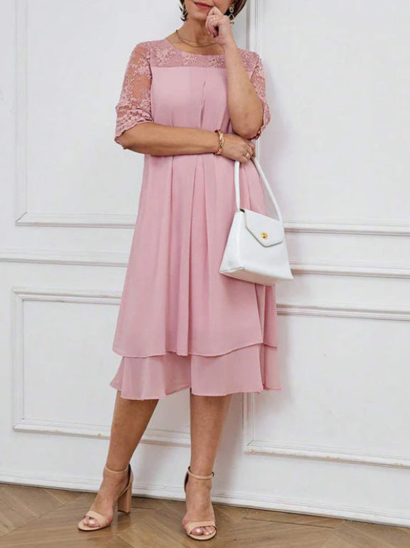 Autumn Elegant Solid Color Lace Sleeve Round Neck Midi Dress for Women