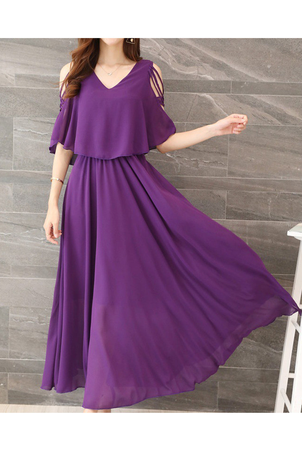 Women Restful V-Neck Breathable Short Sleeve Long Length Pleated Styled Amazing Solid Colored Dress