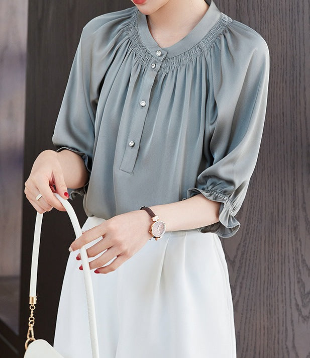 Women's Chiffon Shirt - Summer New Elegant Loose Casual Half Sleeve Round Neck Top