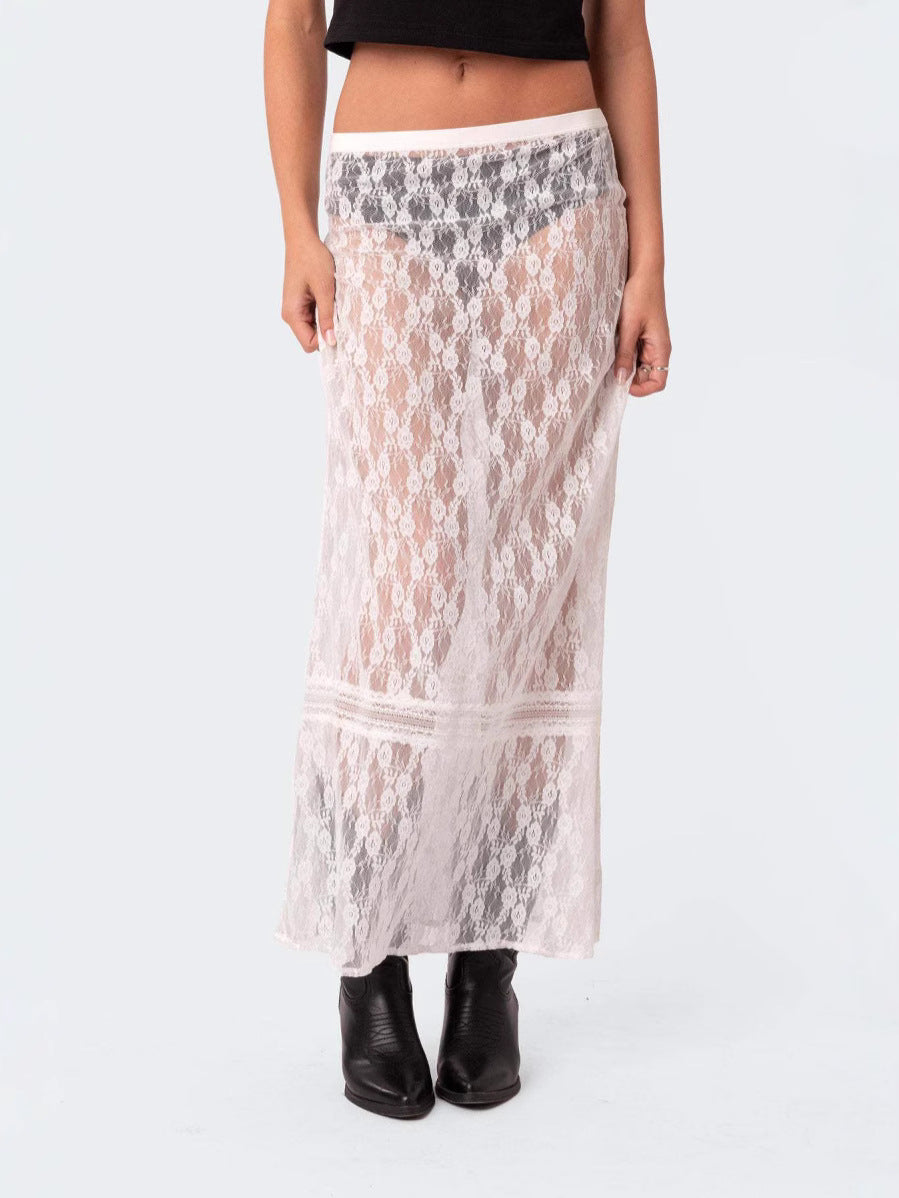 Hollow Lace See-Through Splicing Half-Length Beach Skirt for Women