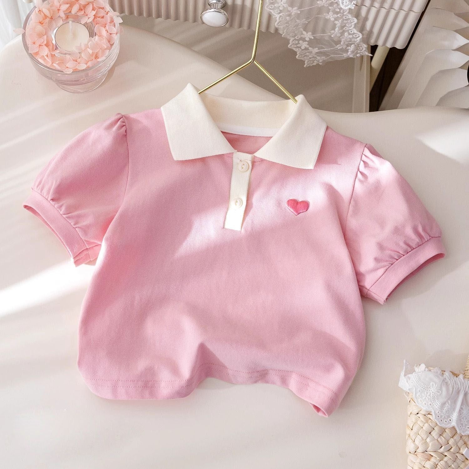 Girls' Summer Embroidered Lapel Polo Shirt – Short-Sleeve Casual Top for Kids - RAC26JP5504BATT