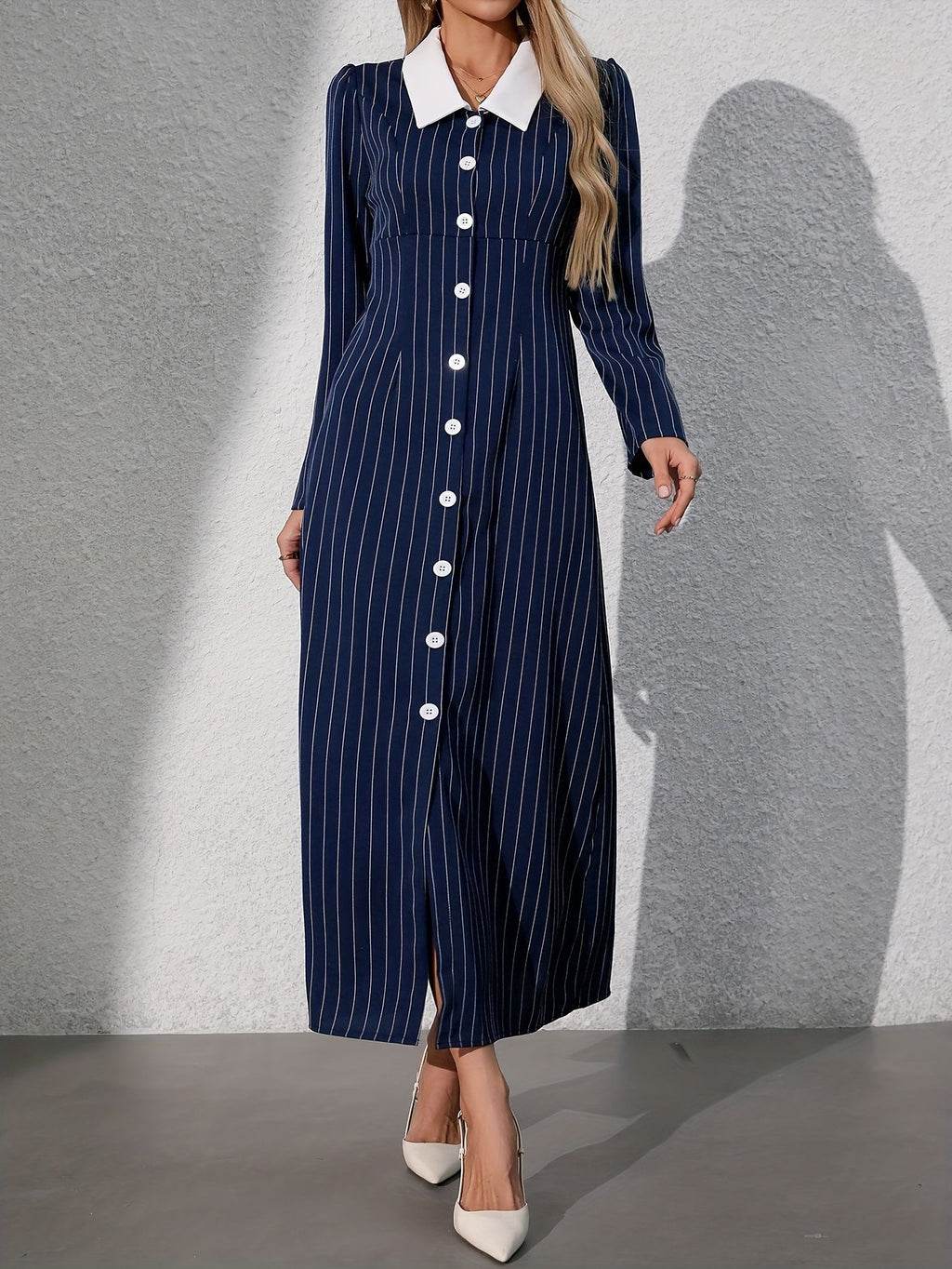 Women's Striped Turn-Down Collar Long Shirt Dress with Side Slit, Button-Front Casual Maxi Dress