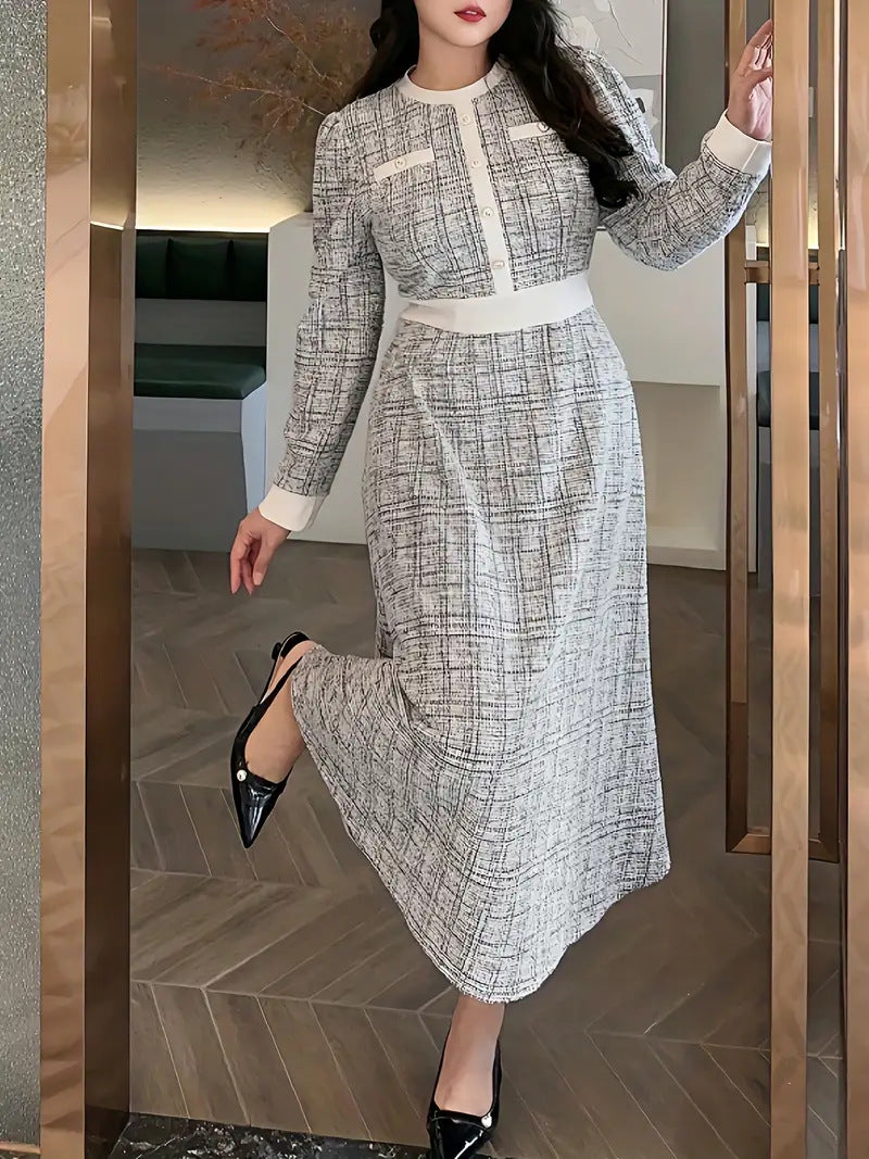 Elegant Color Block Waist-Cinching Dress for Women Plus Size, Slim Fit Round Neck Midi Dress, Classic Fashion Casual Party Outfi