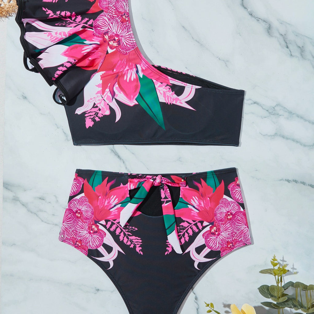 Digital Printing Shoulder Ruffled High Waist Bikini Swimsuit for Women