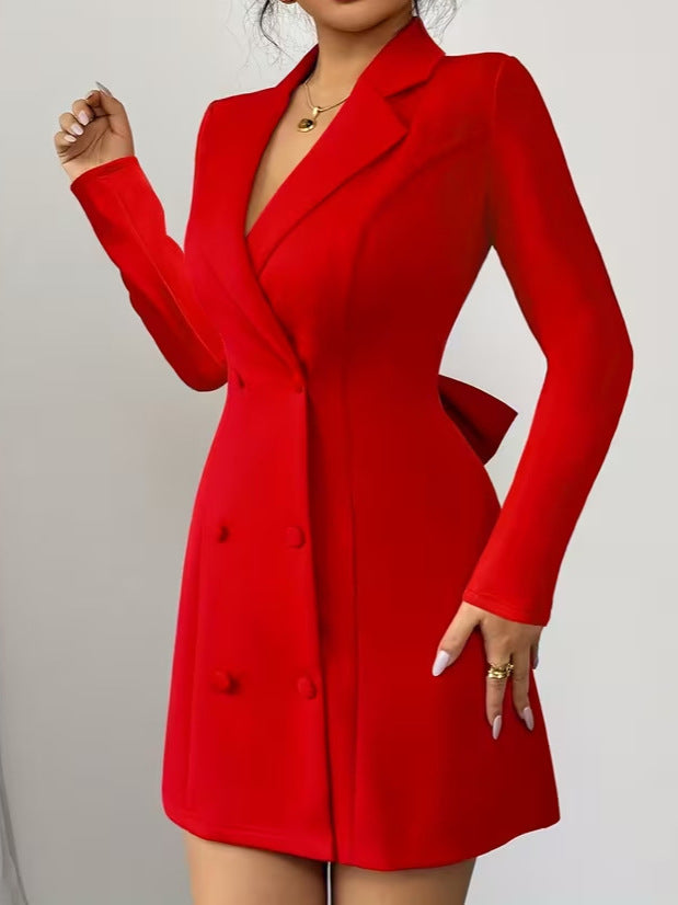 Women's Elegant Double-Breasted V-Neck Long-Sleeve Back Bow Short Dress with Open Back Detail