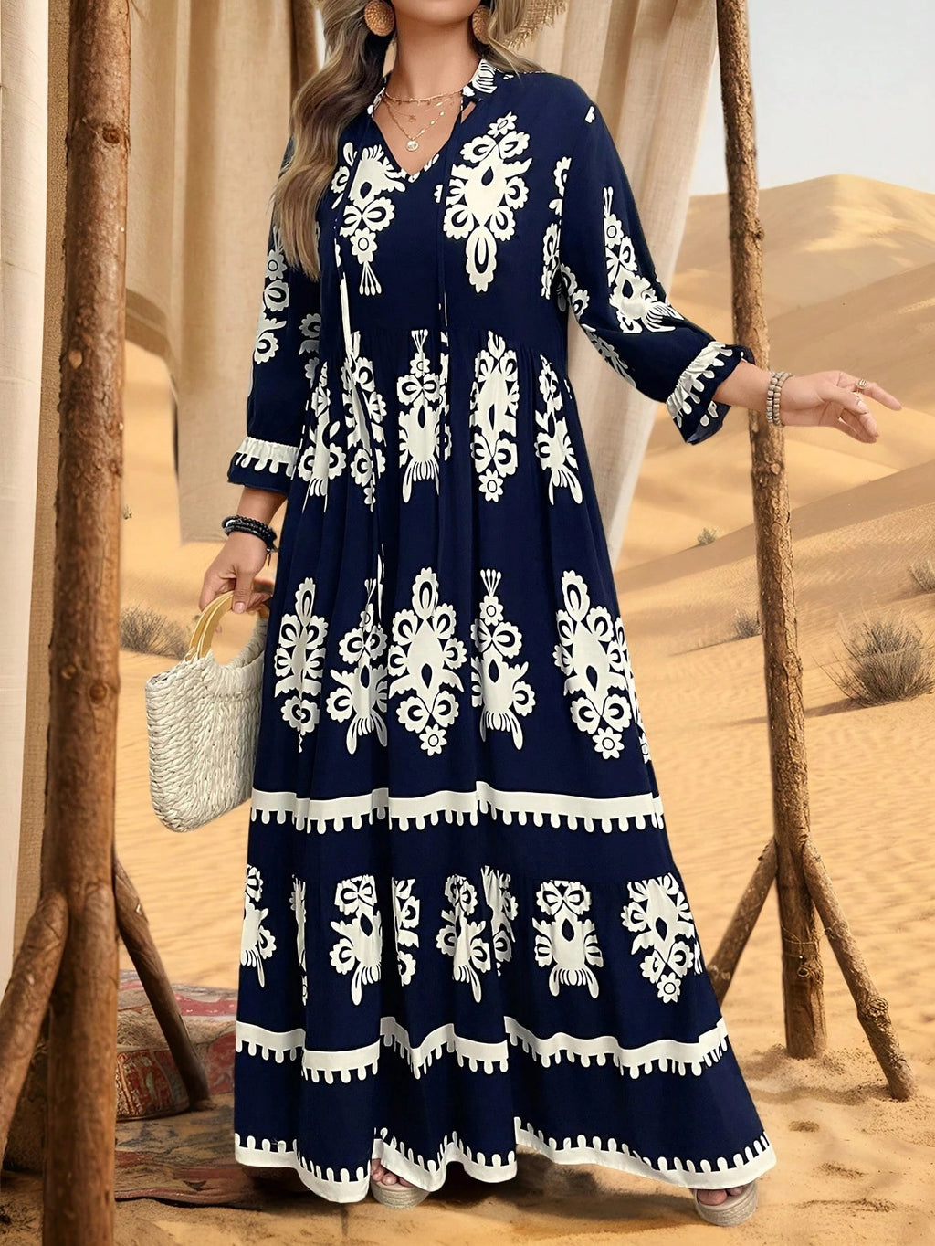 Women's Vintage Print V-Neck Long Dress, Plus Size High Waist Tie Waist Loose Fit Casual Fashion Maxi Dress