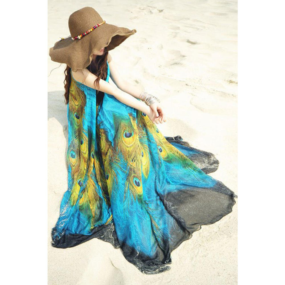 Women Plus Size Peacock Feather Printed Gown Blue