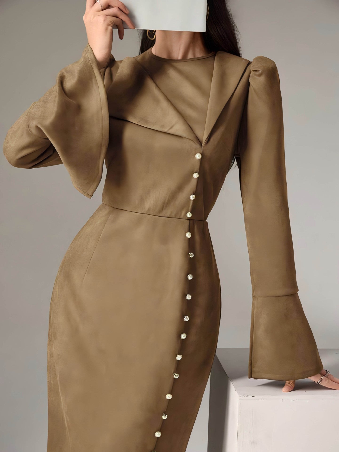 Women's Autumn & Winter High-Waisted Button Front Slit Long Dress with Elegant Tailored Fit