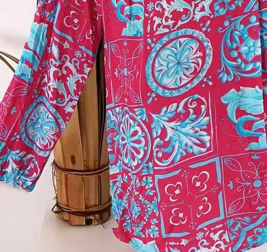 Summer New Casual Printed V-Neck Long Sleeve Shirt Top for Women