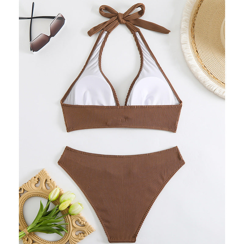 Solid Color Striped Low-Cut Shoulder Strap Bikini Split Swimsuit