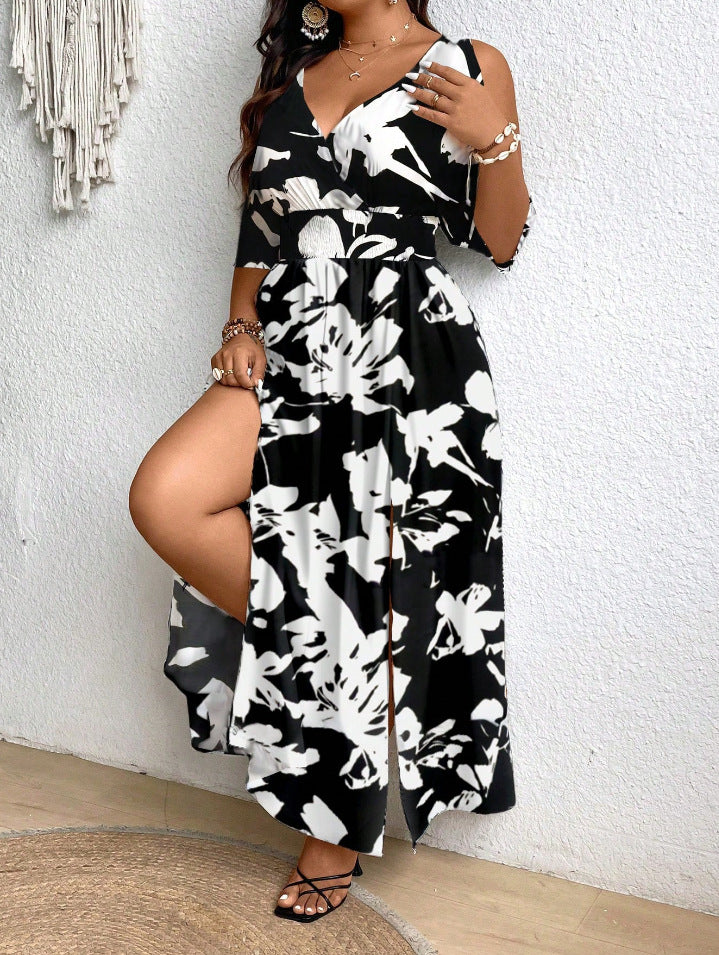 Women's Plus Size Off-Shoulder Tropical Print Maxi Dress with Thigh Slit, Waist-Defining Long Summer Vacation Dress
