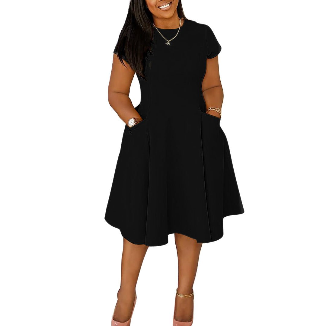 Women's Spring & Summer Casual Slim A-Line Midi Dress with Pockets – Round Neck