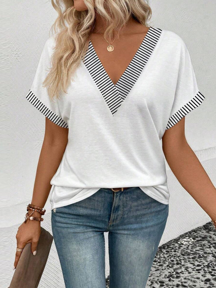 Women's Summer V-Neck Short Sleeve Solid Color Casual Top