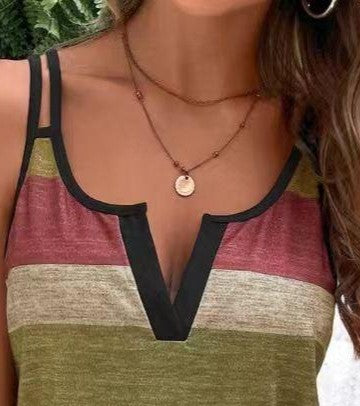 Summer Women's Printed Sleeveless V-Neck Contrast Color Casual Fashion Top