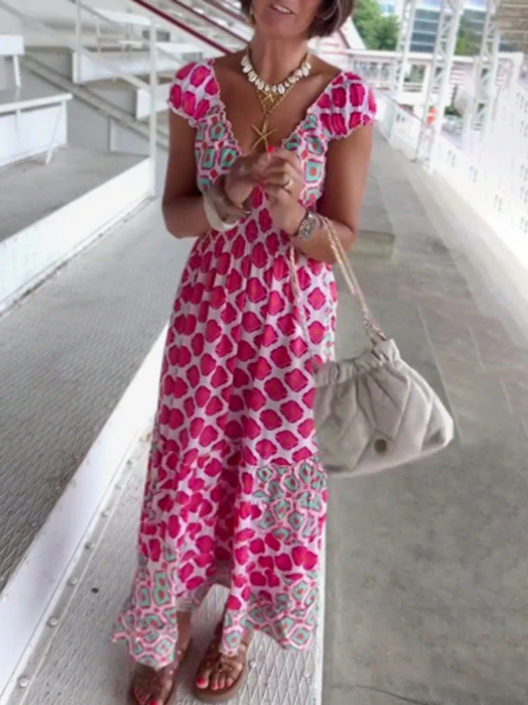Women's Summer Print V-Neck Short Sleeve Elegant Dress
