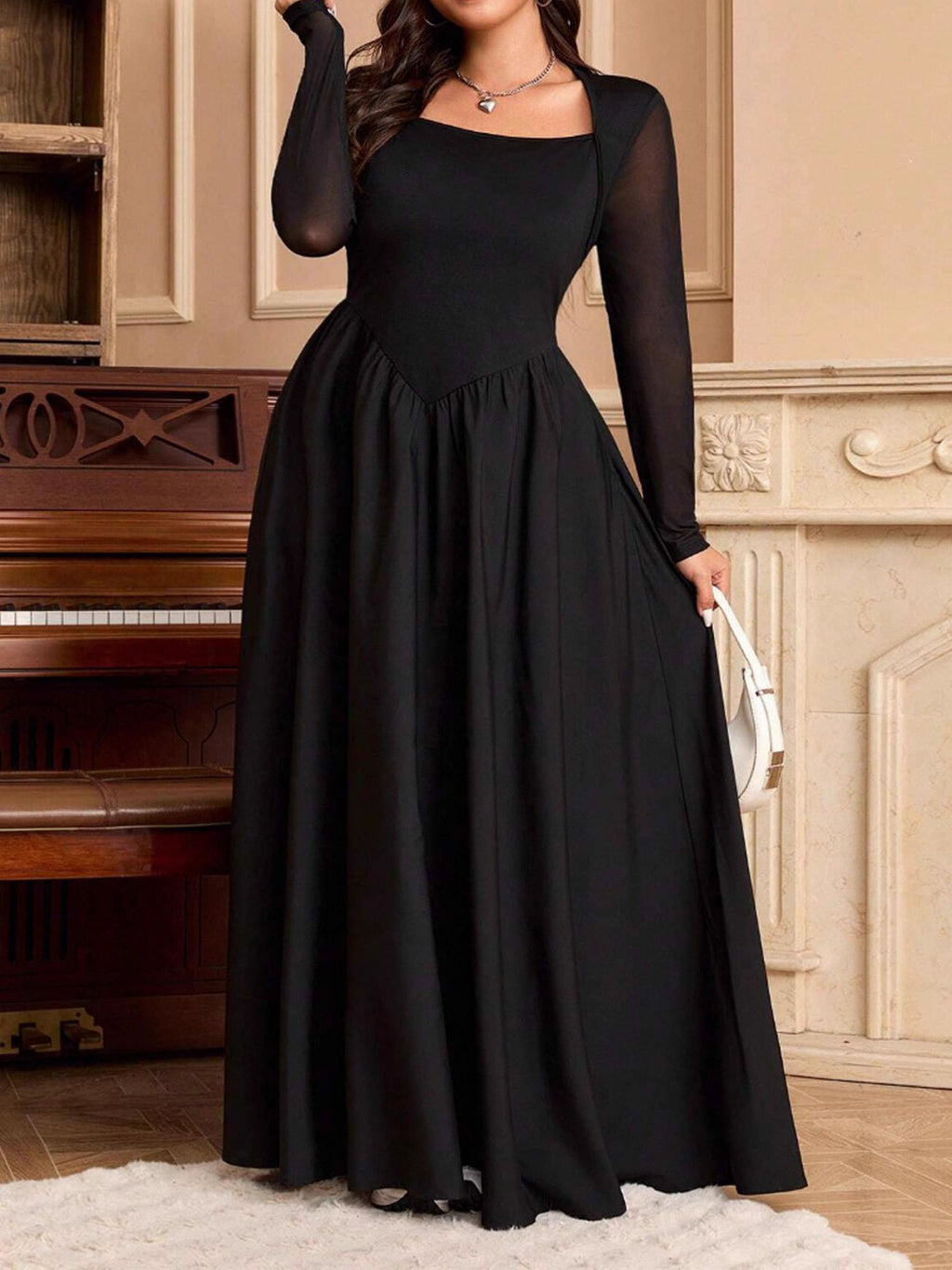 Women's Autumn Winter Solid Color Large Swing Maxi Dress Elegant High Waist Long Sleeve Plus Size Dress