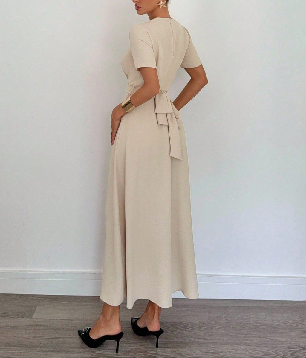 Women's Elegant V-Neck Short Sleeve Maxi Dress, Solid Color Waist-Cinching Long Dress, Flattering A-Line Casual Party Evening Dr