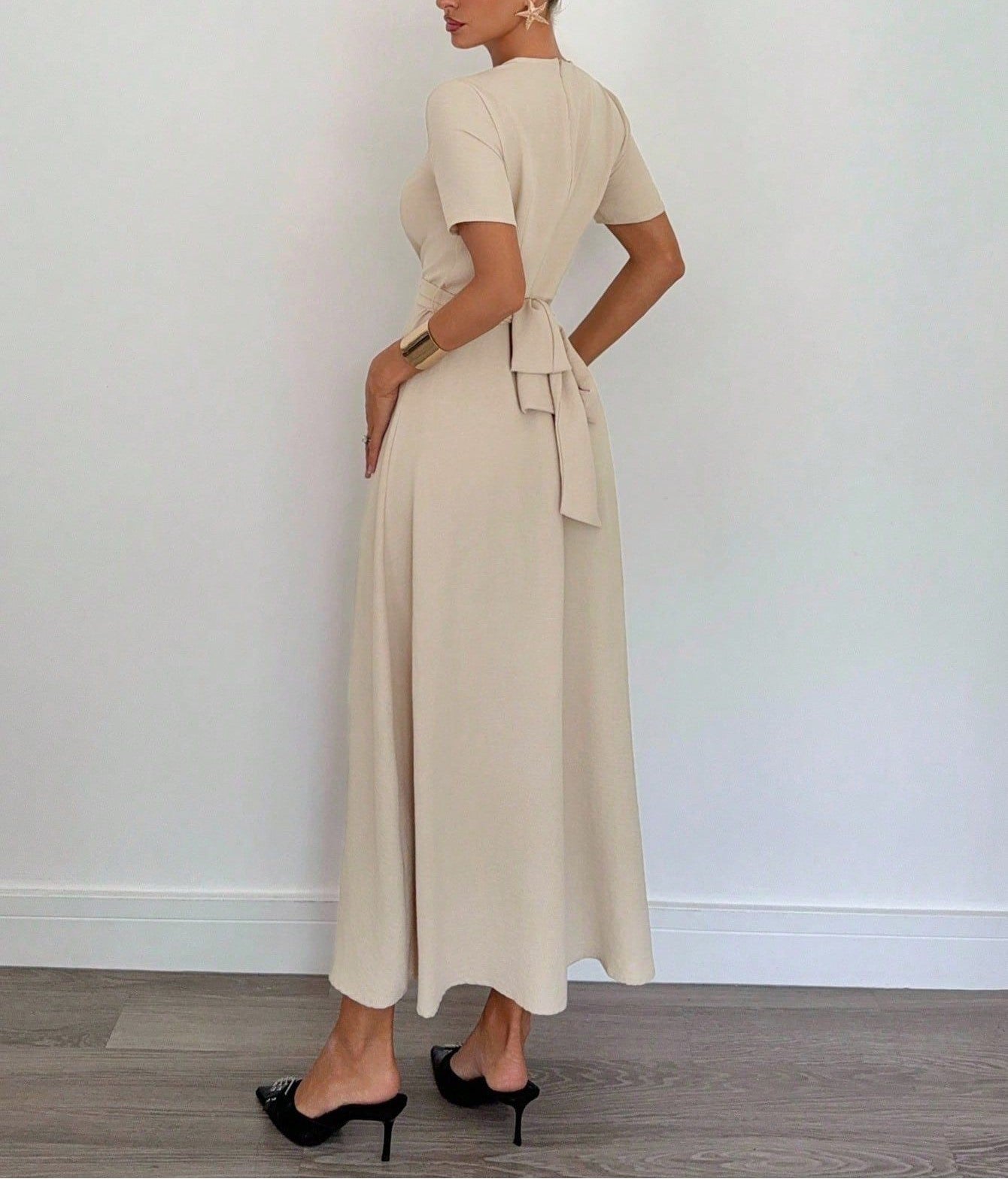 Women's Elegant V-Neck Short Sleeve Maxi Dress, Solid Color Waist-Cinching Long Dress, Flattering A-Line Casual Party Evening Dr