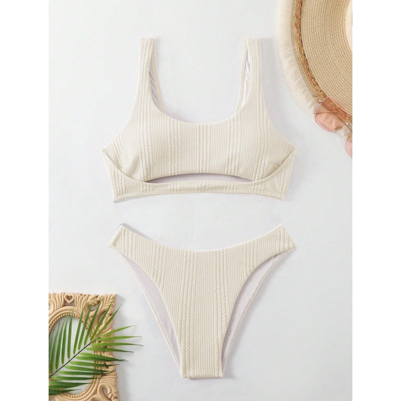 New Solid Color Hollowed-out Amazon Bikini Double Shoulder Strap Two-Piece Swimsuit for Women