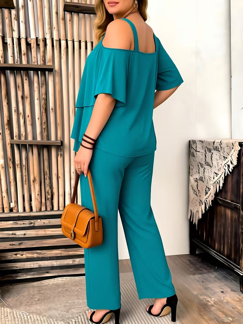 Women’s Summer Casual Loose Fit Solid Color Short-Sleeve Plus-Size Top and Pants Set