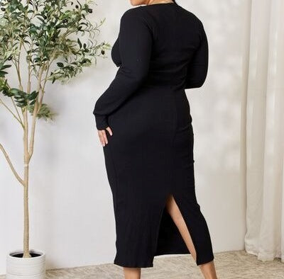 Women's Culture Code Full Size Ribbed Long Sleeve Midi Slit Dress