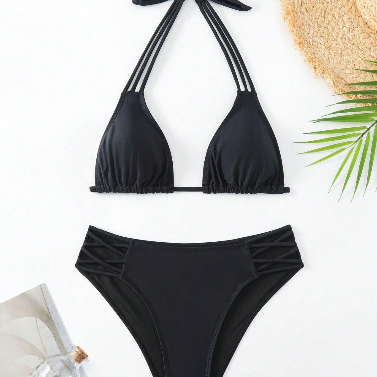 New Solid Color Hanging Neck Lace-Up Bikini with Hollow Detail and High-Waist Split Design