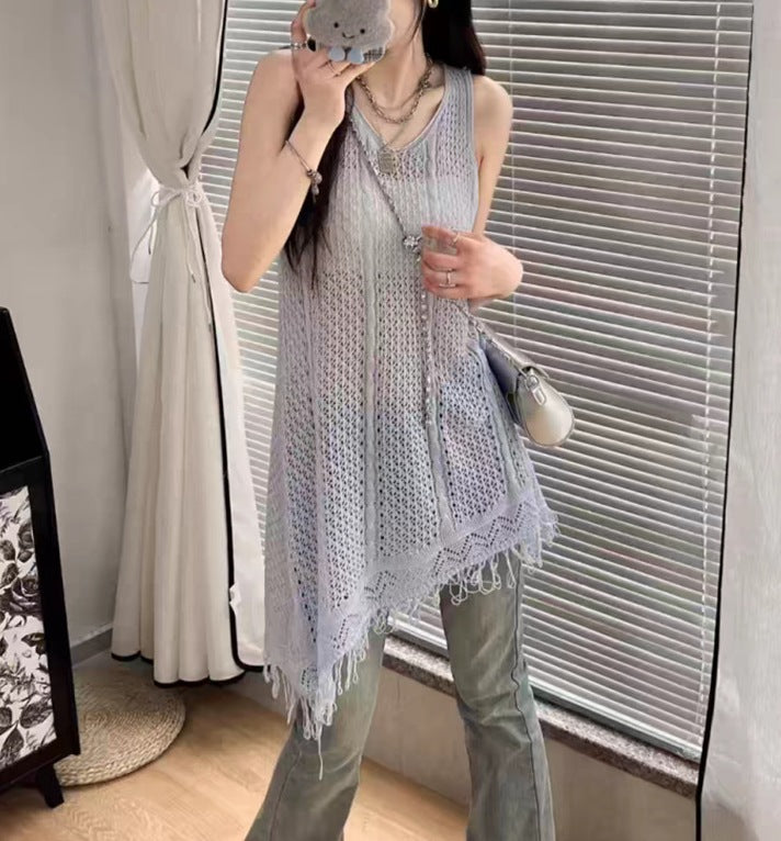 V-Neck Knitted Vest Cover-Up – Loose Fit, Flattering, Versatile Layering Long Top for Summer