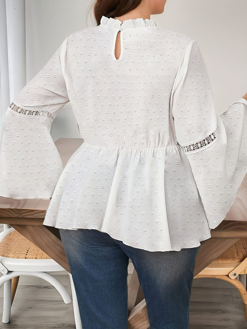 Women's Plus Size Pure Color Lace Ruffle Sleeve Shirt – Elegant Long Sleeve Casual Top