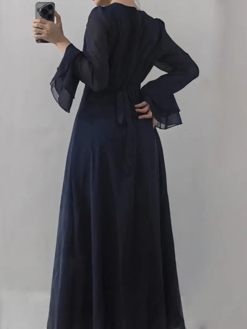 Women's Solid Color Round Neck Waist-Cinching Flared Sleeve Midi Dress for Autumn