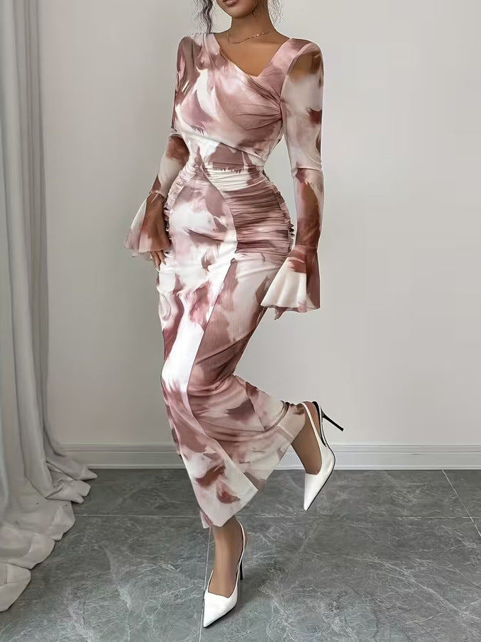 Women's Tie-Dye Printed Pleated Bell Sleeve Maxi Dress with Elegant Long Flowing Skirt