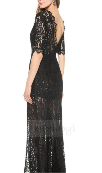 Women Lace Decorated One Side Open Leg Full Length Dress