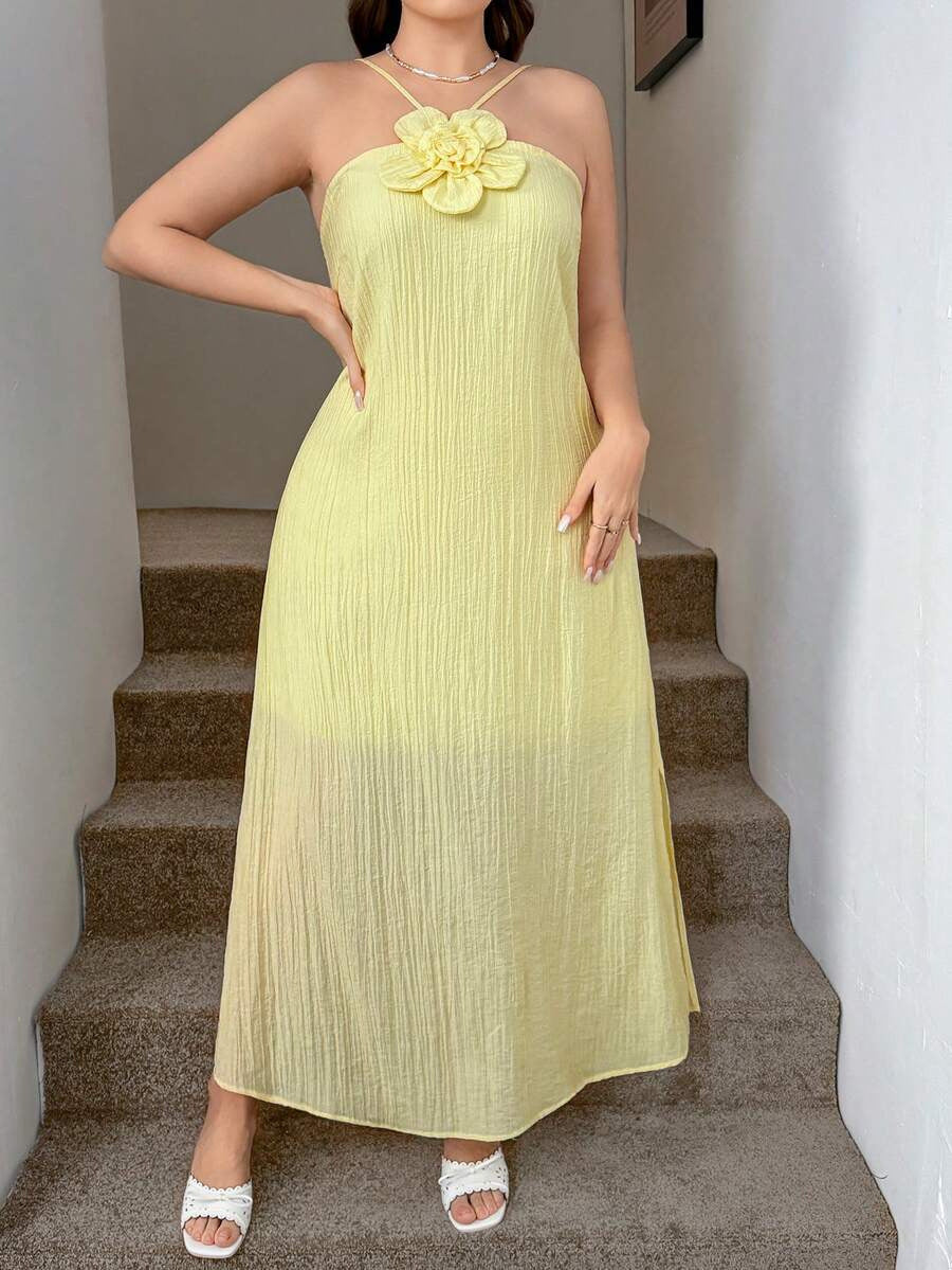 Women's Halter Neck Floral Backless Maxi Dress – Textured Spaghetti Strap Loose Fit Summer Vacation Dress