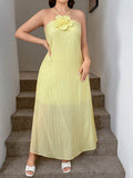 Women's Halter Neck Floral Backless Maxi Dress – Textured Spaghetti Strap Loose Fit Summer Vacation Dress
