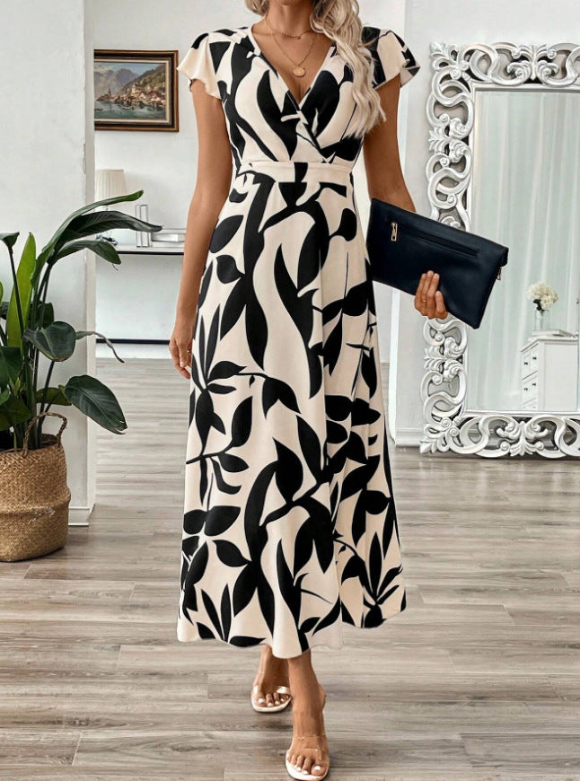 Women's Short Sleeve Printed V-Neck Waist-Defined Casual Midi Dress