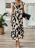 Women's Short Sleeve Printed V-Neck Waist-Defined Casual Midi Dress