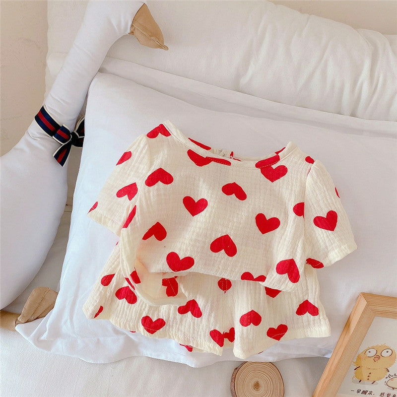 Summer Girls’ Baby Suit – Love Print Pure Cotton Short-Sleeved Top & Shorts Set - RAC26JP5377BATS